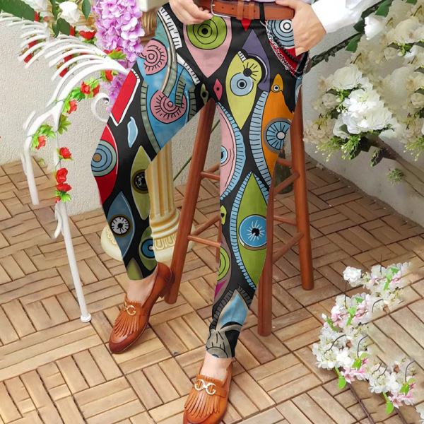 Mid-rise casual pants digital print slim fit pants 42